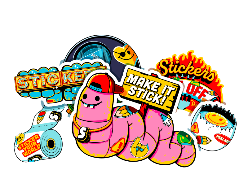 Värikkäitä omia muotoon leikattuja tarroja, mukana vaaleanpunainen mato, joka pitelee "Make it stick!" -kylttiä